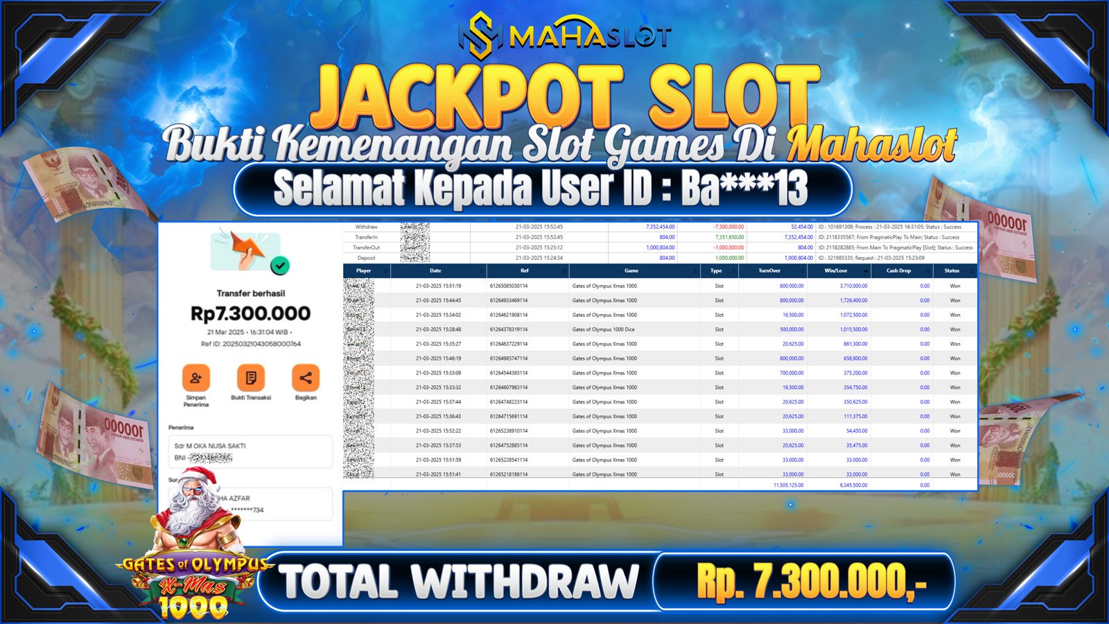 MAHASLOT JACKPOT SLOT GAMES GATES OF OLYMPUS X-MAS 1000 Rp. 7.300.000,- LUNAS