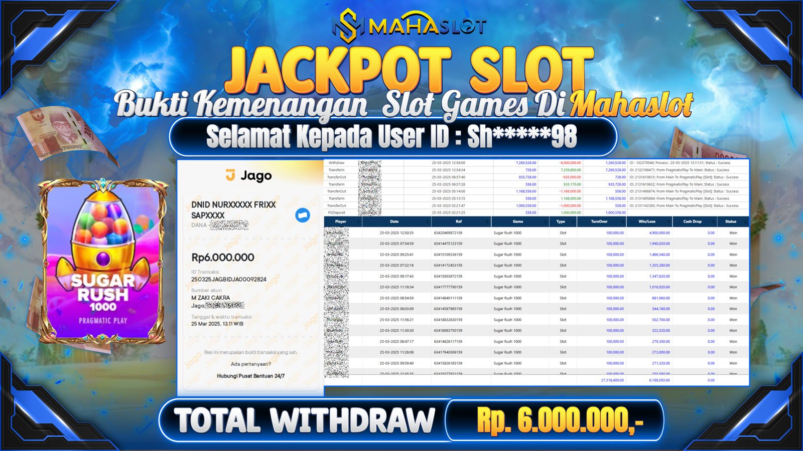 MAHASLOT JACKPOT SLOT GAMES SUGAR RUSH 1000 Rp. 6.000.000,- LUNAS