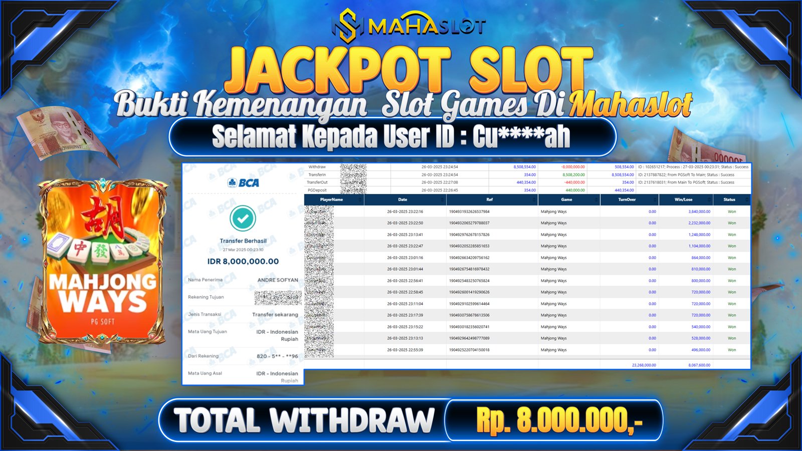 MAHASLOT JACKPOT SLOT GAMES MAHJONG WAYS Rp. 8.000.000,- LUNAS