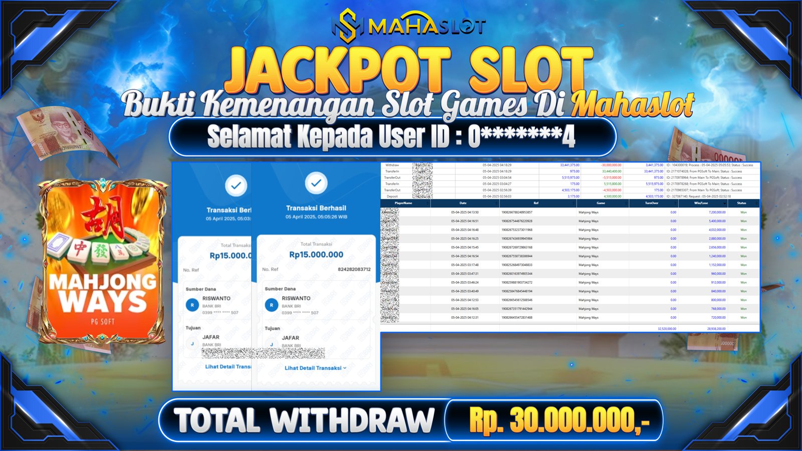 MAHASLOT JACKPOT SLOT GAMES MAHJONG WAYS Rp. 30.000.000,- LUNAS