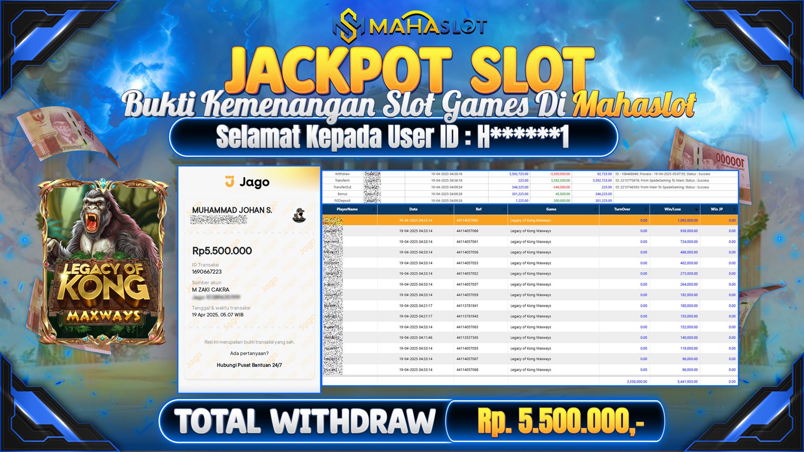 MAHASLOT JACKPOT SLOT GAMES LEGACY OF KONG MAXWAYS Rp. 5.500.000,- LUNAS