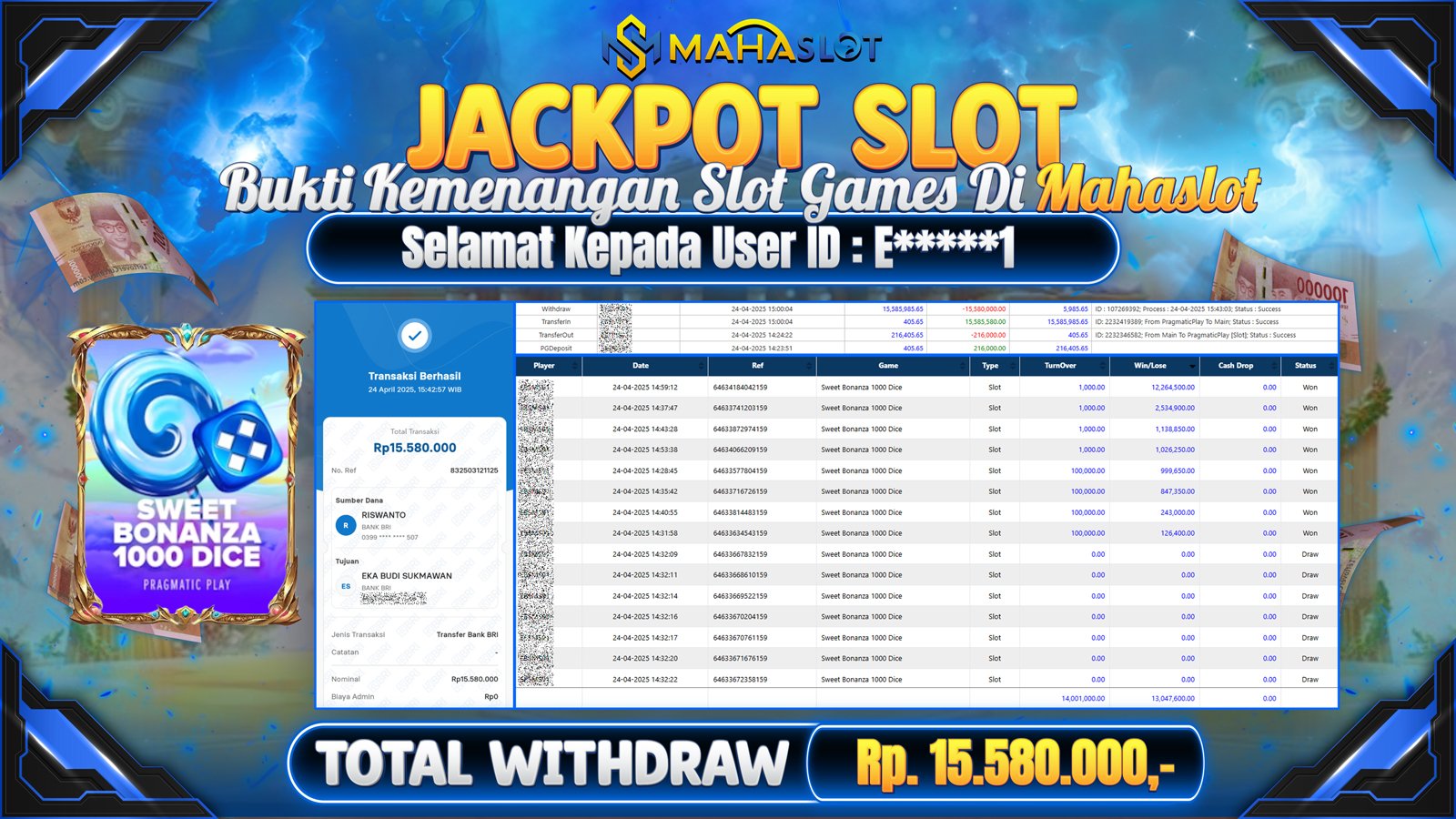 MAHASLOT JACKPOT SLOT GAMES SWEET BONANZA 1000 DICE Rp. 15.580.000,- LUNAS