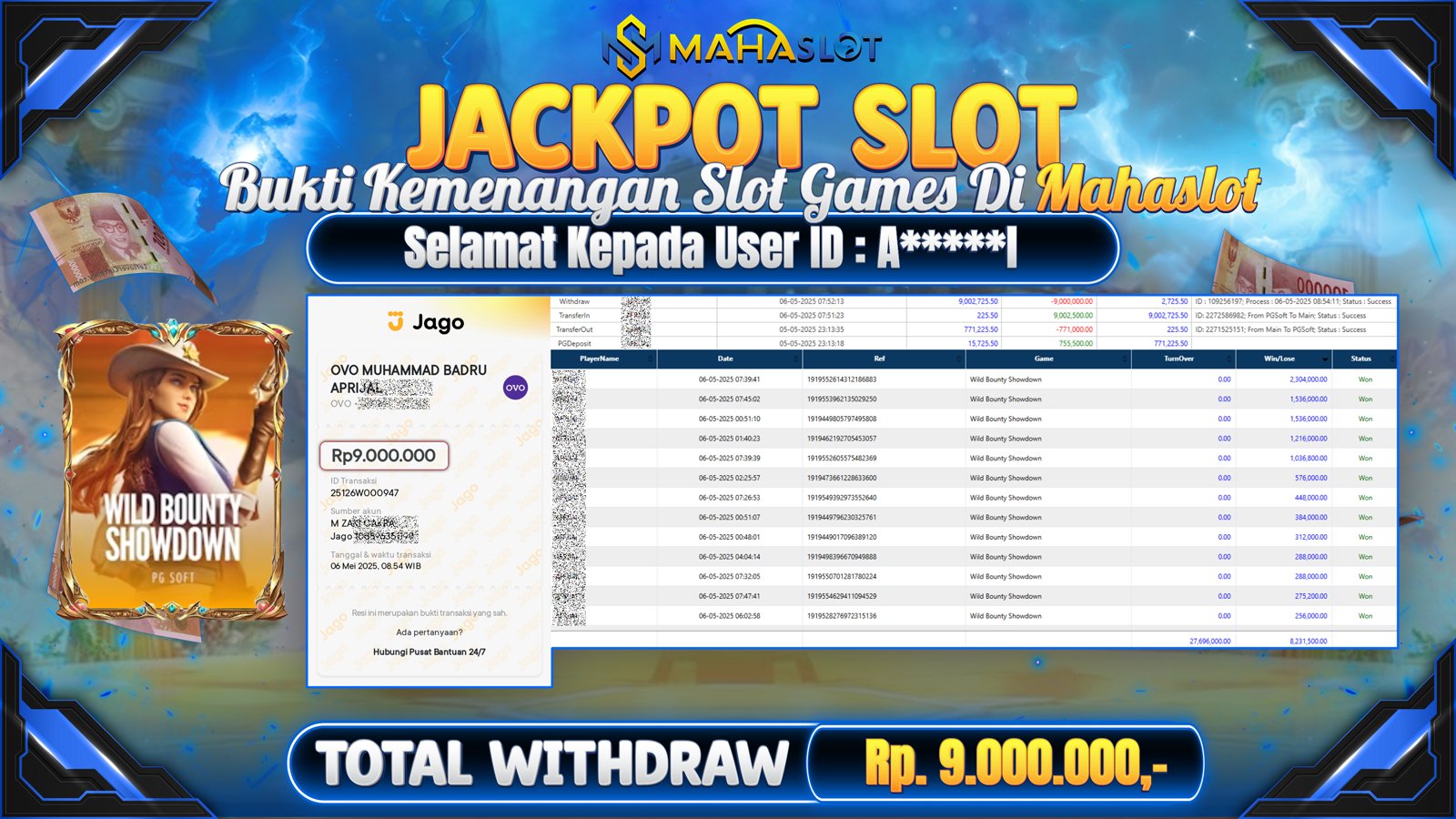 MAHASLOT JACKPOT SLOT GAMES WILD BOUNTY SHOWDOWN Rp. 9.000.000,- LUNAS