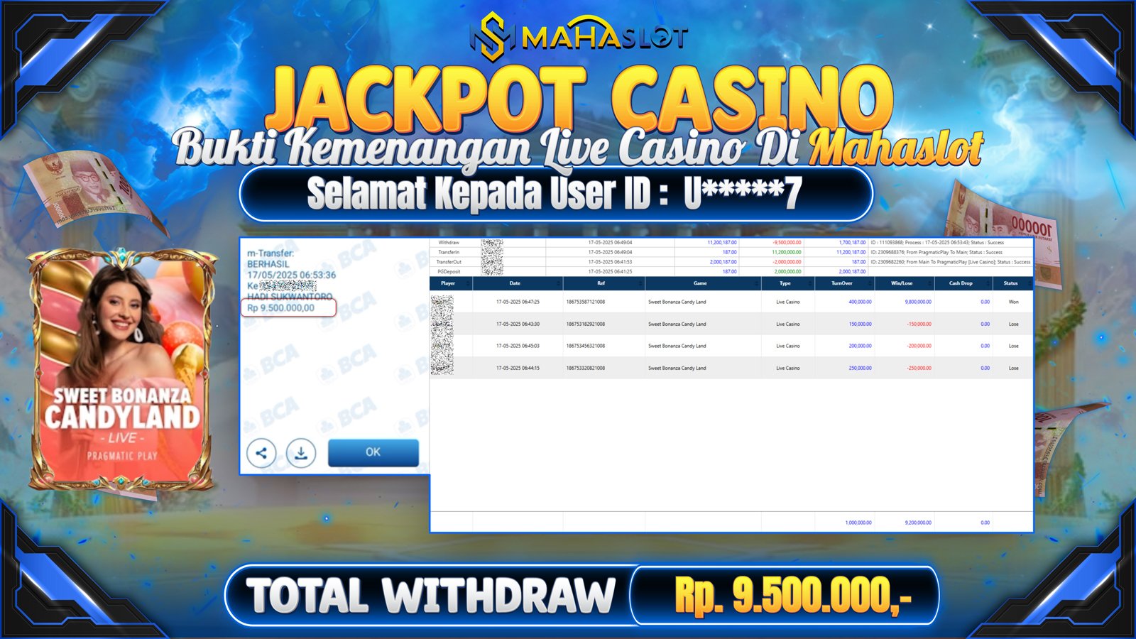 MAHASLOT JACKPOT LIVE CASINO SWEET BONANZA CANDY LAND Rp. 9.500.000,- LUNAS