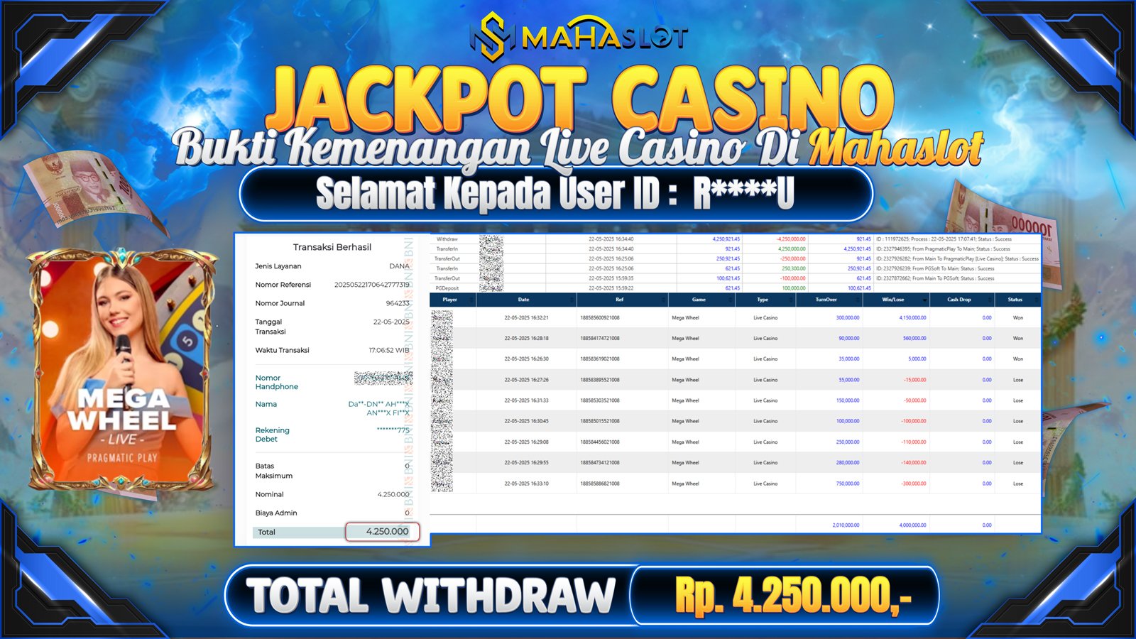 MAHASLOT JACKPOT LIVE CASINO MEGA WHEEL Rp. 6.250.000,- LUNAS