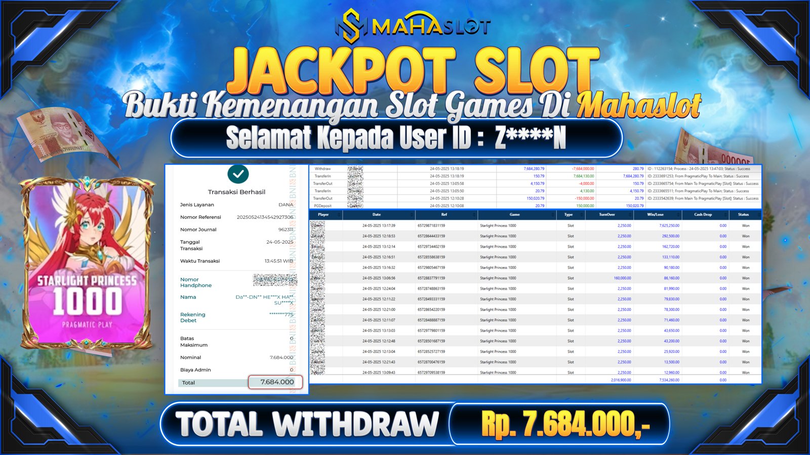 MAHASLOT JACKPOT SLOT STARLIGHT PRINCESS 1000 Rp. 7.684.000,- LUNAS