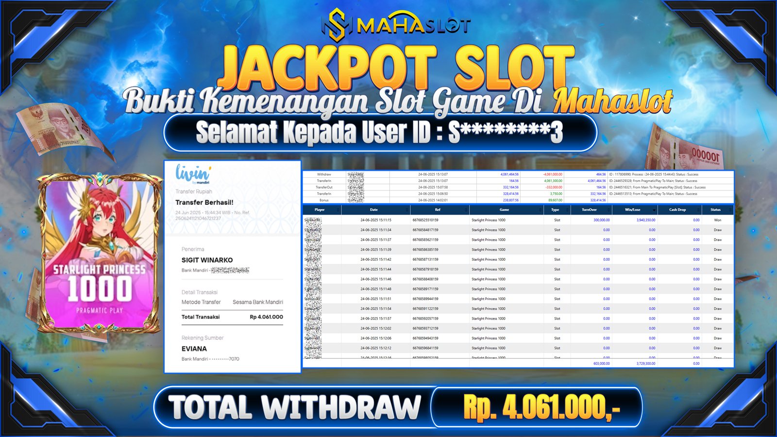 MAHASLOT JACKPOT SLOT STARLIGHT PRINCESS 1000 Rp. 4.061.000,- LUNAS