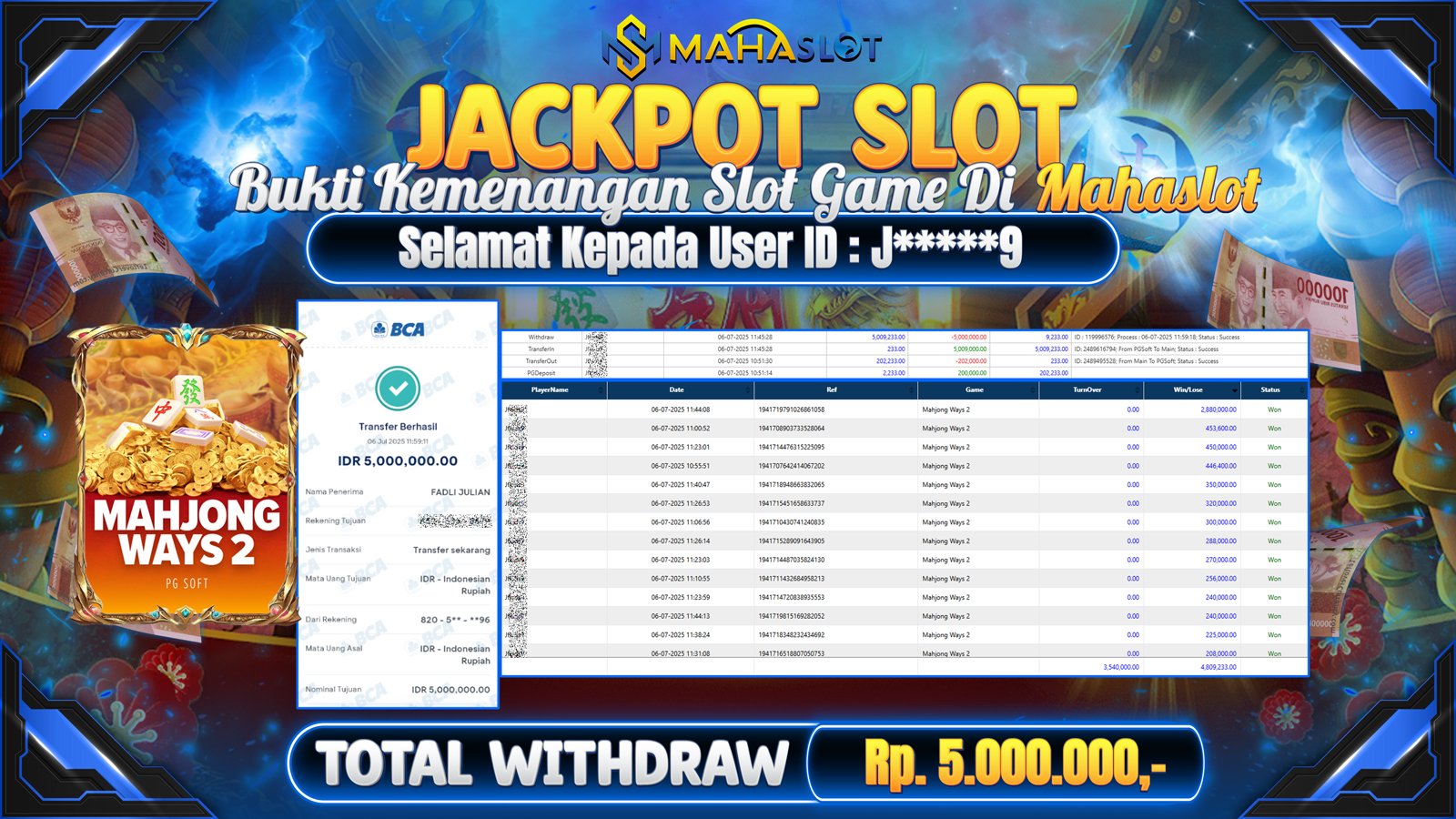 MAHASLOT JACKPOT SLOT GAME MAHJONG WAYS 2 Rp. 5.000.000,- LUNAS