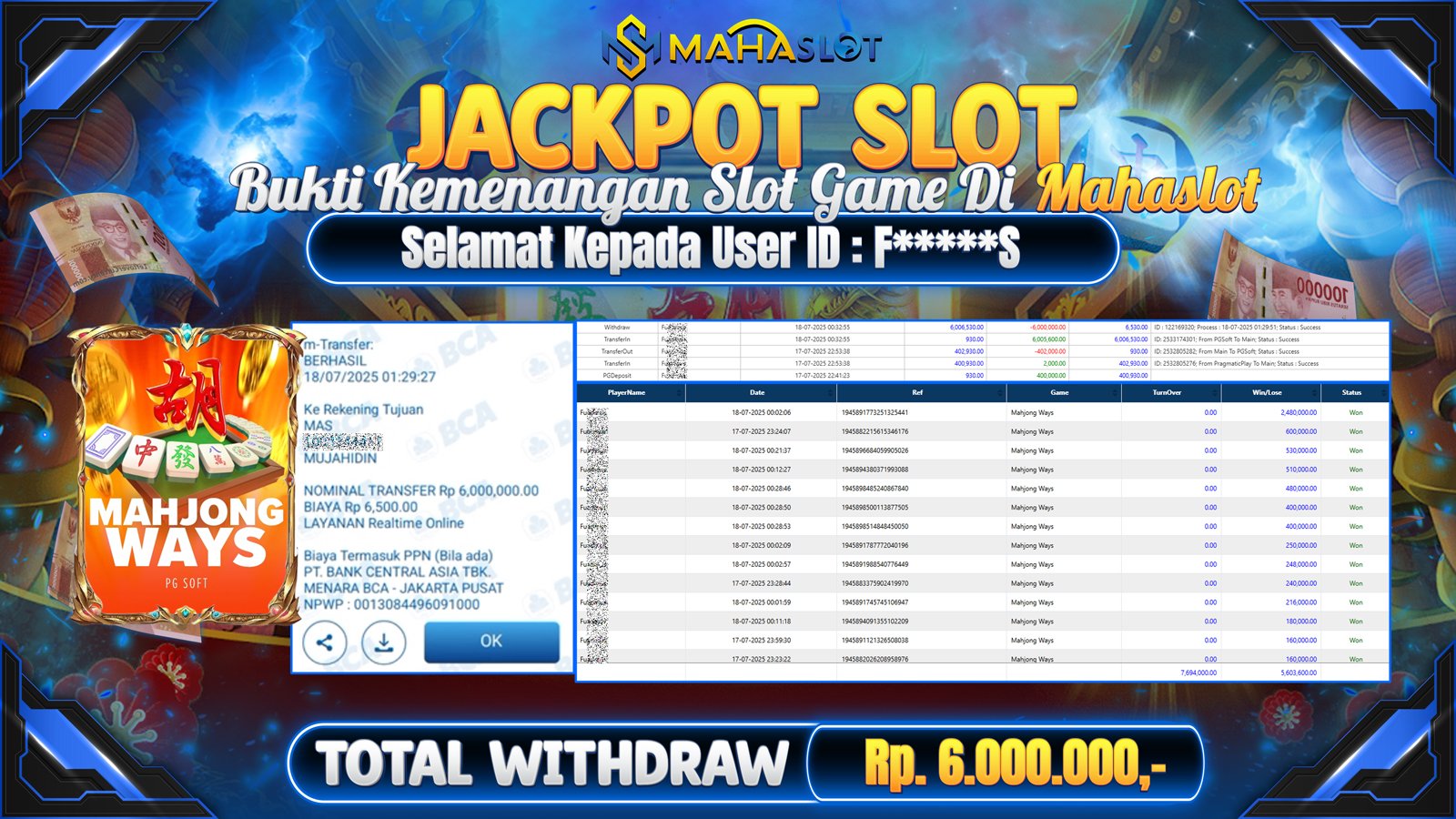 MAHASLOT JACKPOT SLOT GAME MAHJONG WAYS Rp. 6.000.000,- LUNAS