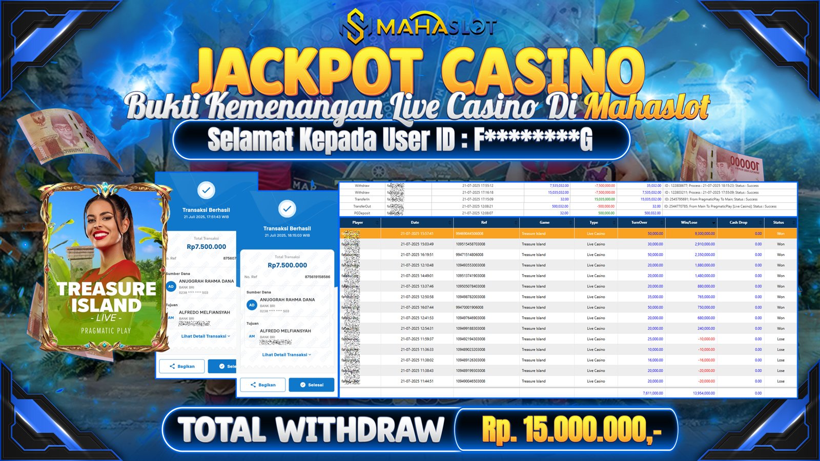 MAHASLOT JACKPOT LIVE CASINO TREASURE ISLAND Rp. 15.000.000,- LUNAS