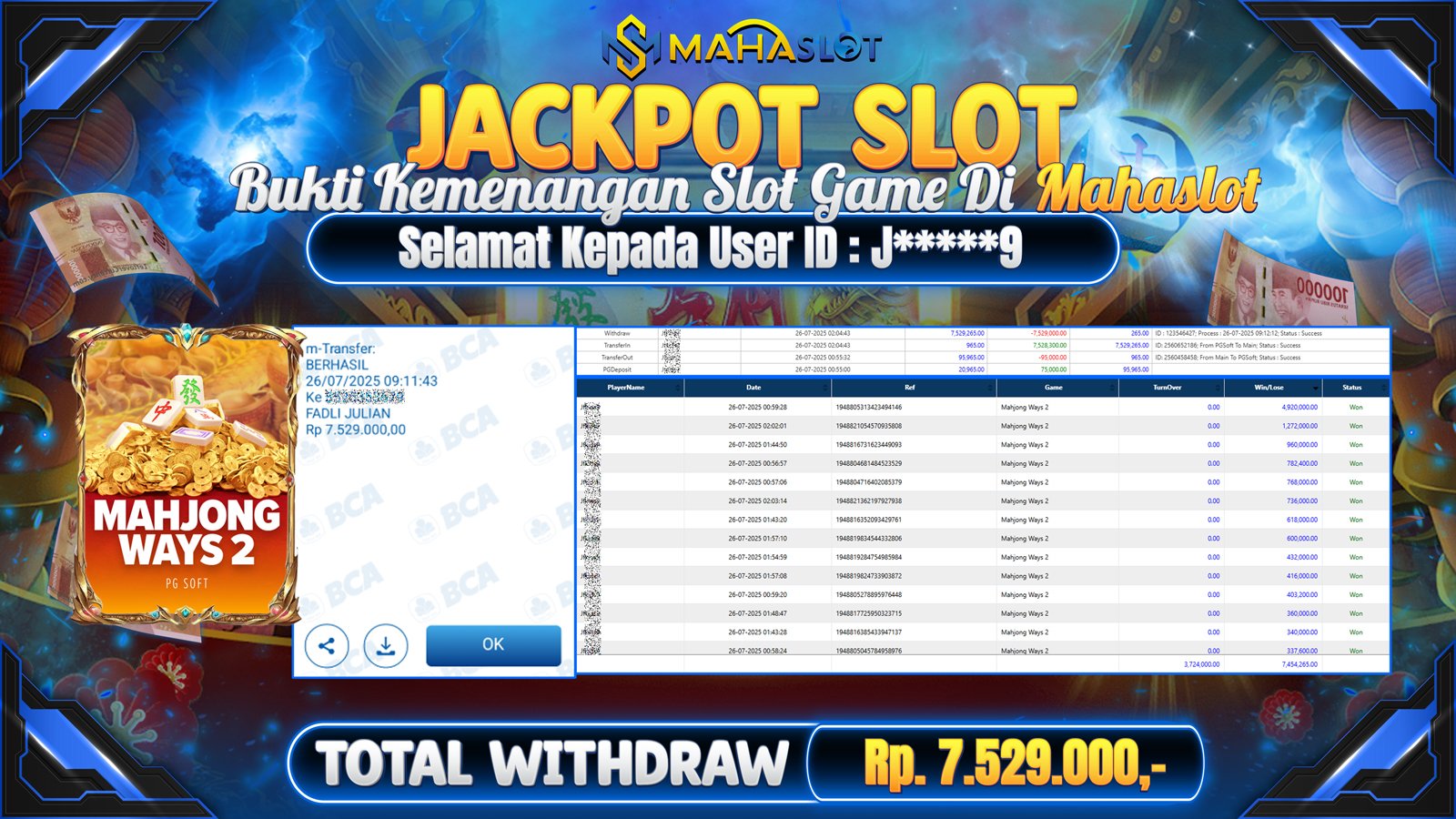 MAHASLOT JACKPOT SLOT GAME MAHJONG WAYS 2 Rp. 7.529.000,- LUNAS