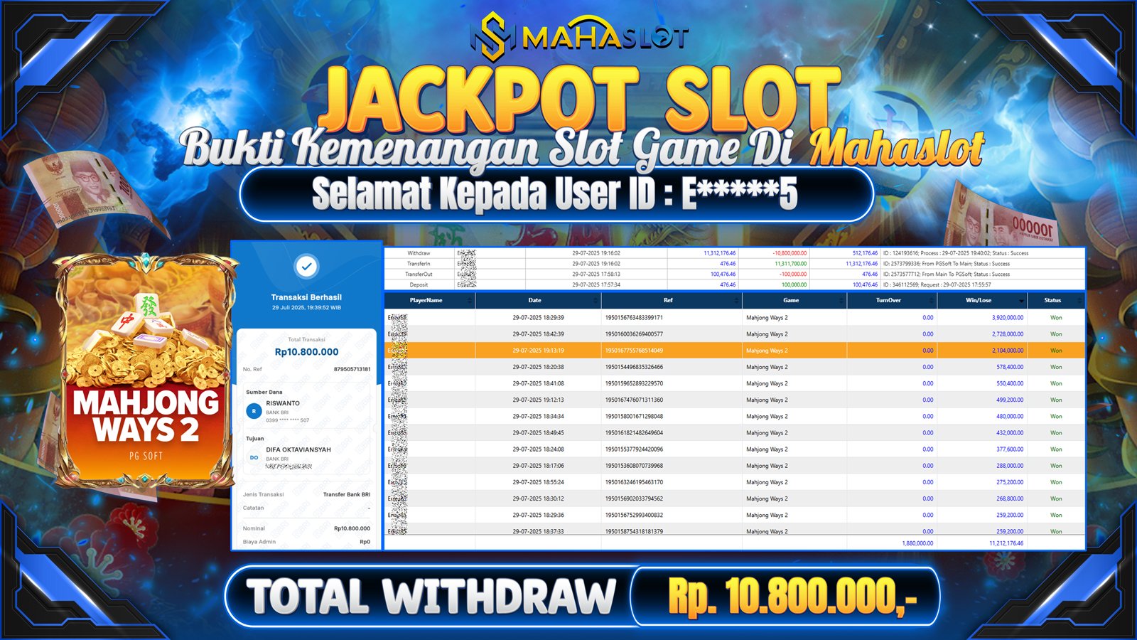 MAHASLOT JACKPOT SLOT GAME MAHJONG WAYS 2 Rp. 10.800.000,- LUNAS