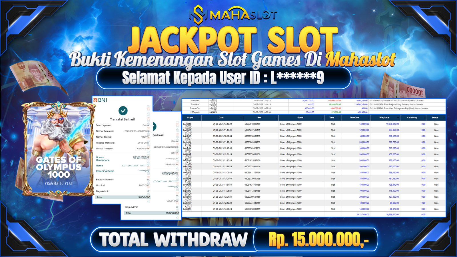MAHASLOT JACKPOT SLOT GAME GATES OF OLYMPUS 1000 Rp. 15.000.000,- LUNAS