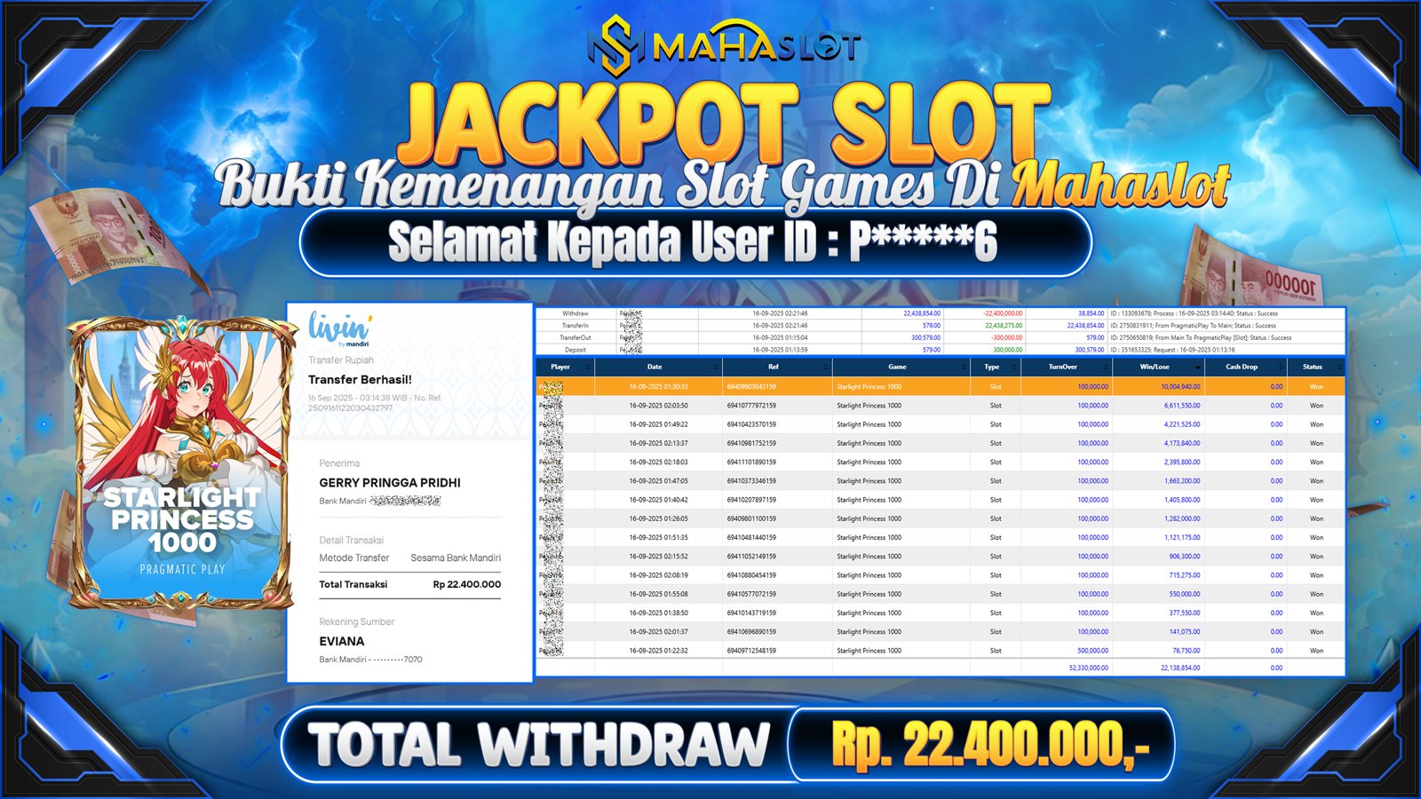 MAHASLOT JACKPOT SLOT GAME STARLIGHT PRINCESS 1000 Rp. 22.400.000,- LUNAS