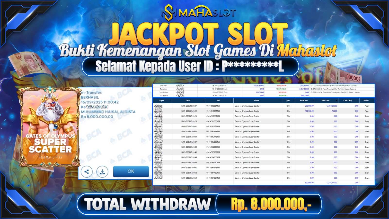 MAHASLOT JACKPOT SLOT GAME GATES OF OLYMPUS SUPER SCATTER Rp. 8.000.000,- LUNAS