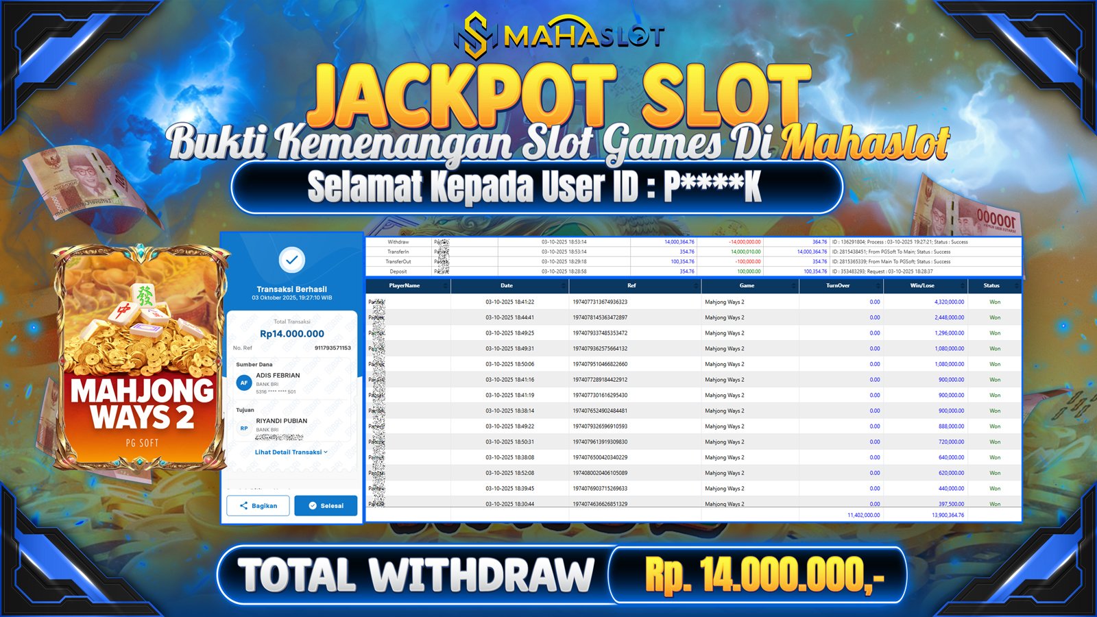 MAHASLOT JACKPOT SLOT GAME MAHJONG WAYS 2 Rp. 14.000.000,- LUNAS