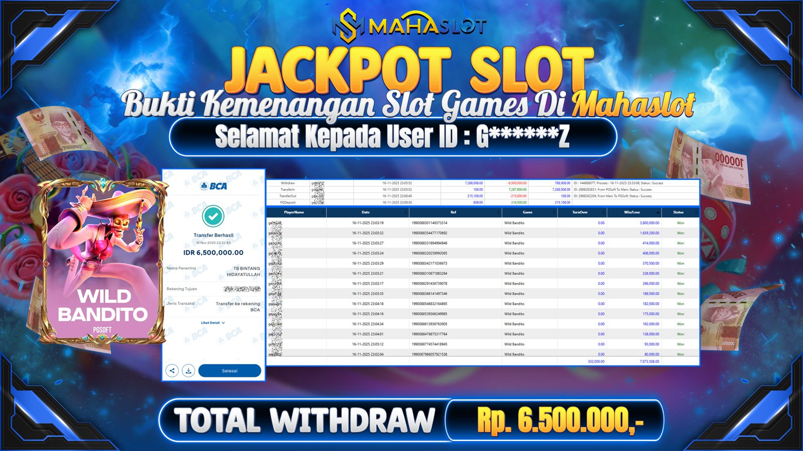 MAHASLOT JACKPOT SLOT GAME WILD BANDITO Rp. 6.500.000,- LUNAS