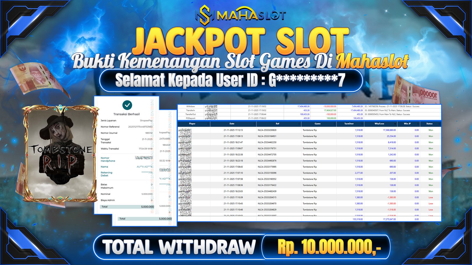 MAHASLOT JACKPOT SLOT GAME TOMBSTONE RIP Rp. 10.000.000,- LUNAS