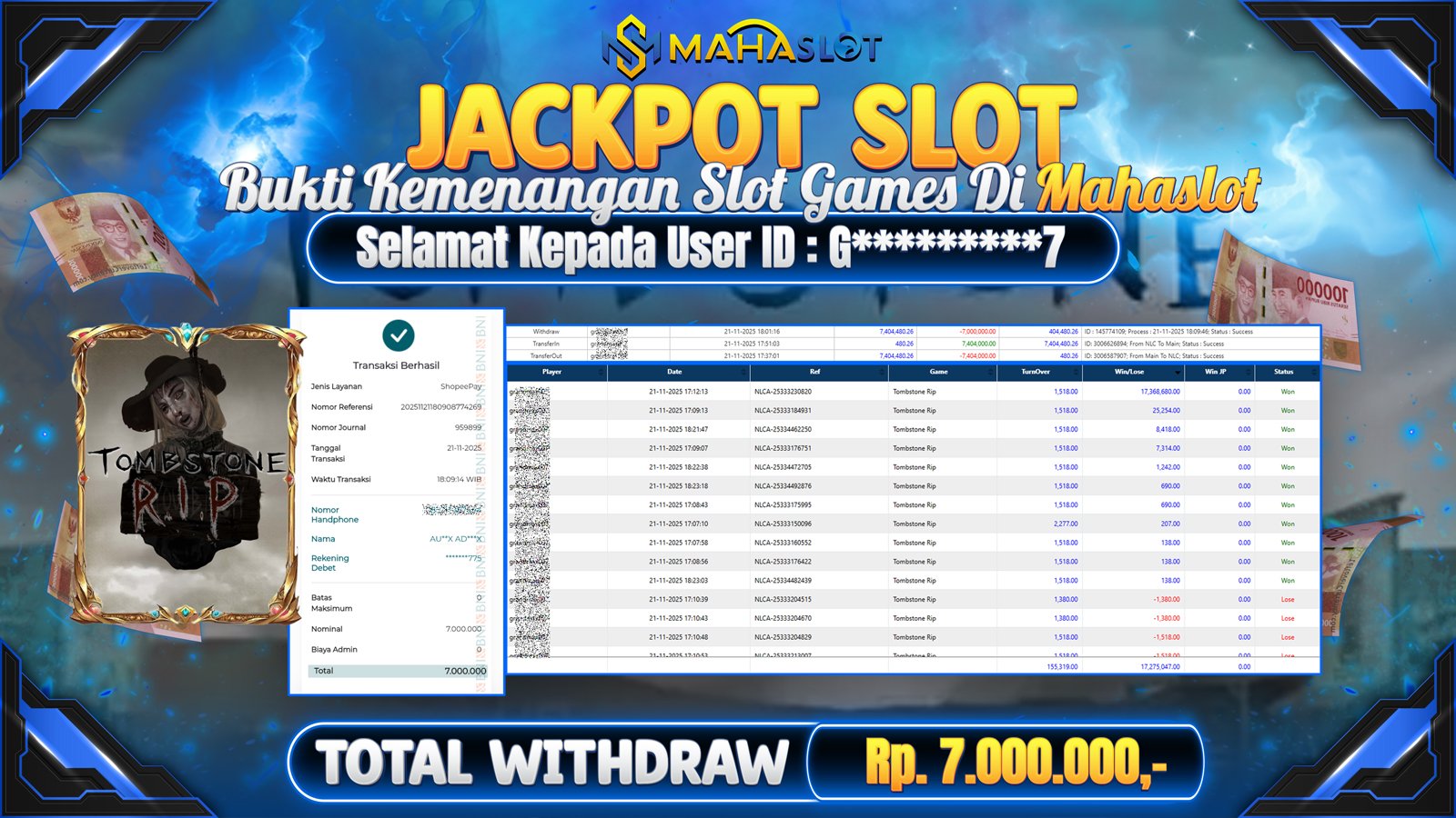 MAHASLOT JACKPOT SLOT GAME TOMBSTONE RIP Rp. 7.000.000,- LUNAS