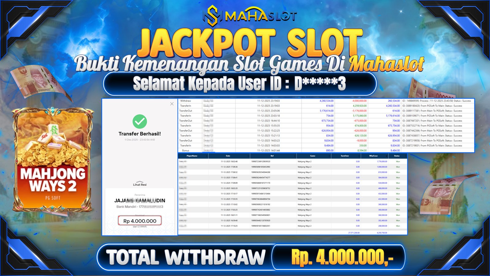 MAHASLOT JACKPOT SLOT GAME MAHJONG WAYS 2 Rp. 4.000.000,- LUNAS