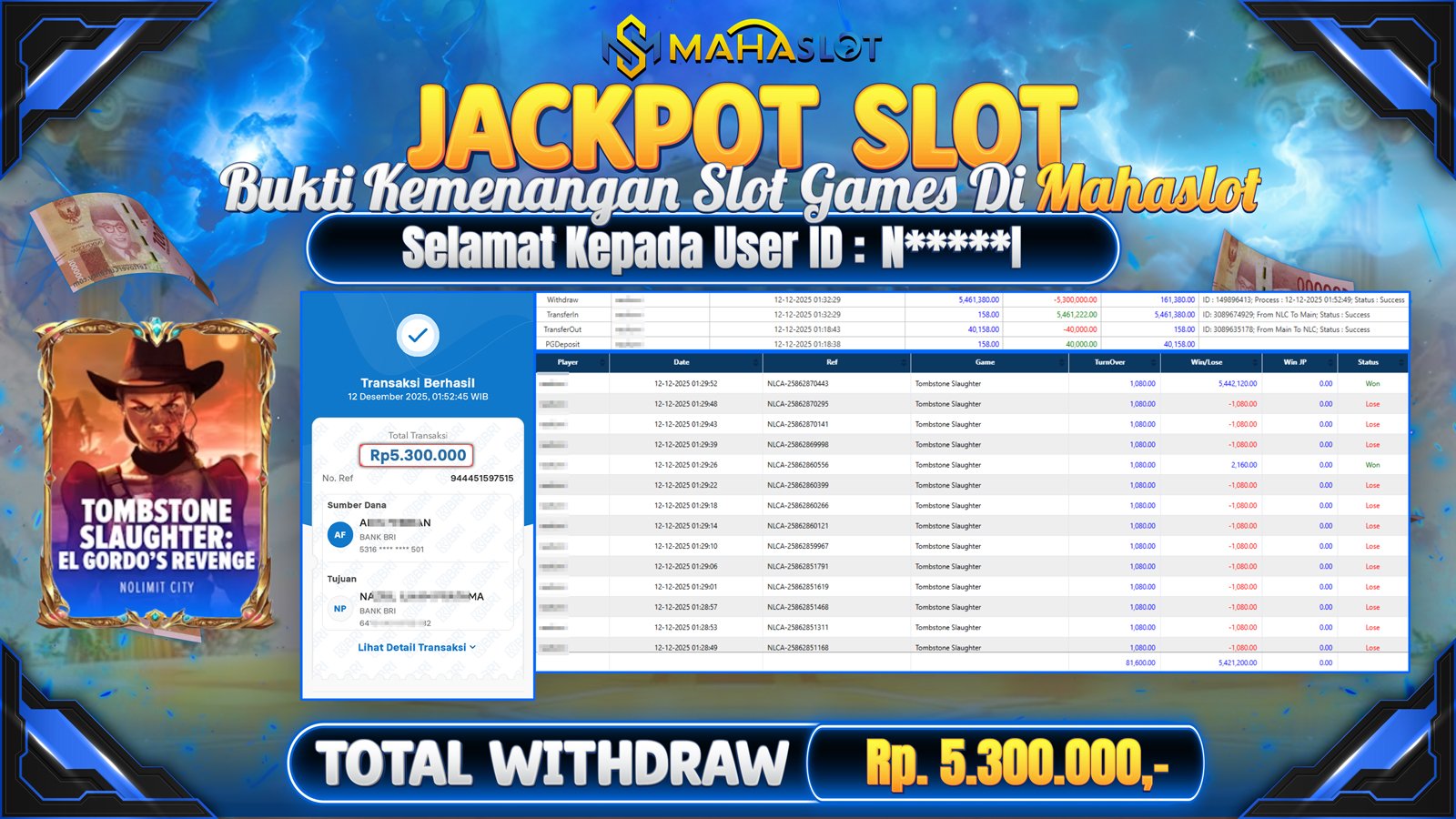 MAHASLOT JACKPOT SLOT GAME TOMBSTONE SLAUGHTER Rp. 5.300.000,- LUNAS