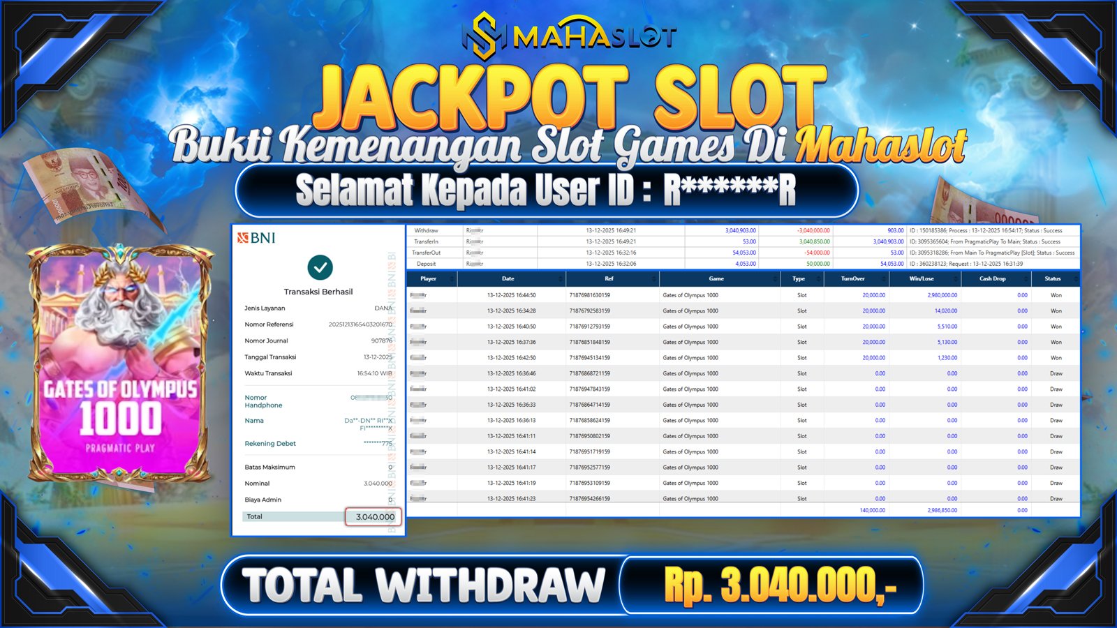 MAHASLOT JACKPOT SLOT GAME GATES OF OLYMPUS 1000 Rp. 3.040.000,- LUNAS