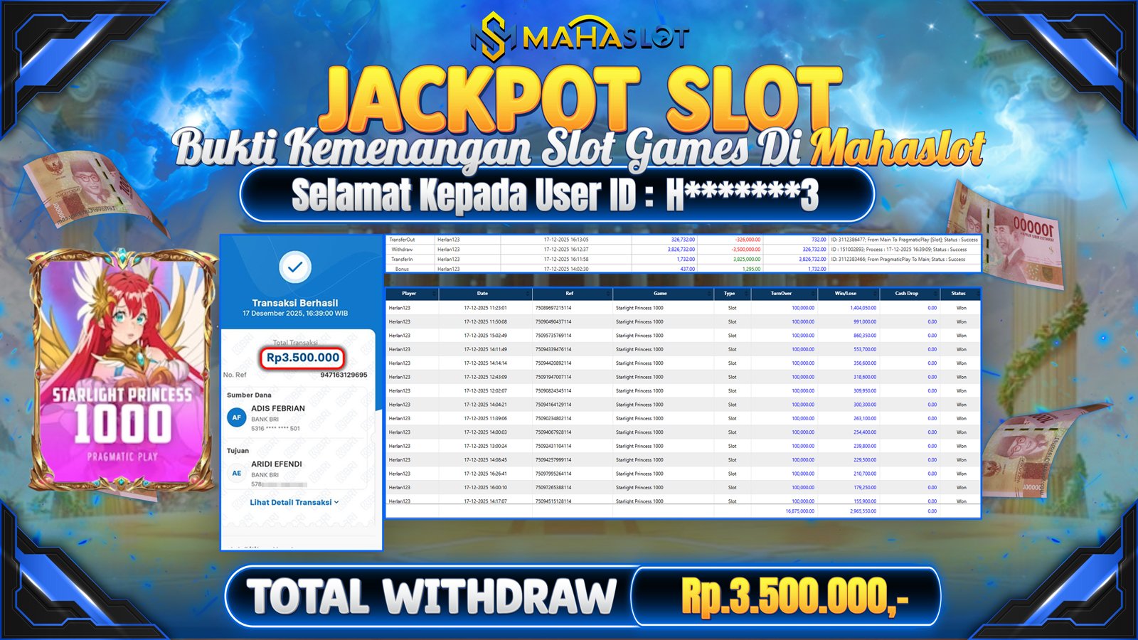 MAHASLOT JACKPOT SLOT GAME STARLIGHT PRINCES 1000 Rp. 3.500.000,- LUNAS