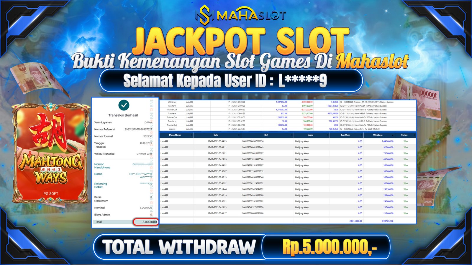MAHASLOT JACKPOT SLOT GAME MAHJONG WAYS Rp. 5.000.000,- LUNAS