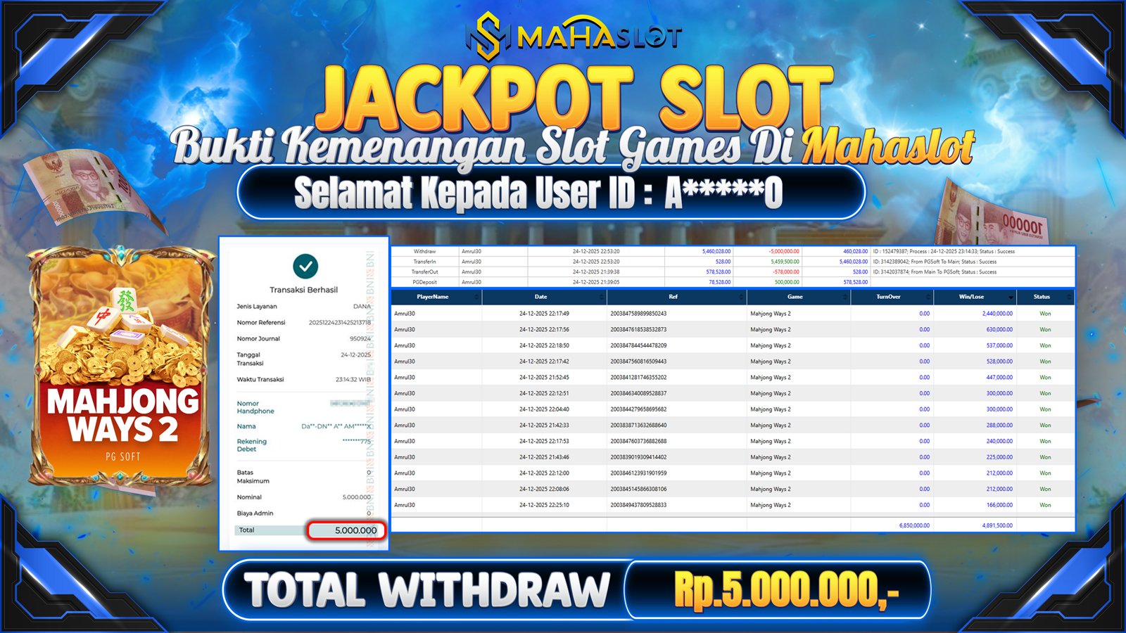 MAHASLOT JACKPOT SLOT GAME MAHJONG WAYS 2  Rp. 5.000.000,- LUNAS