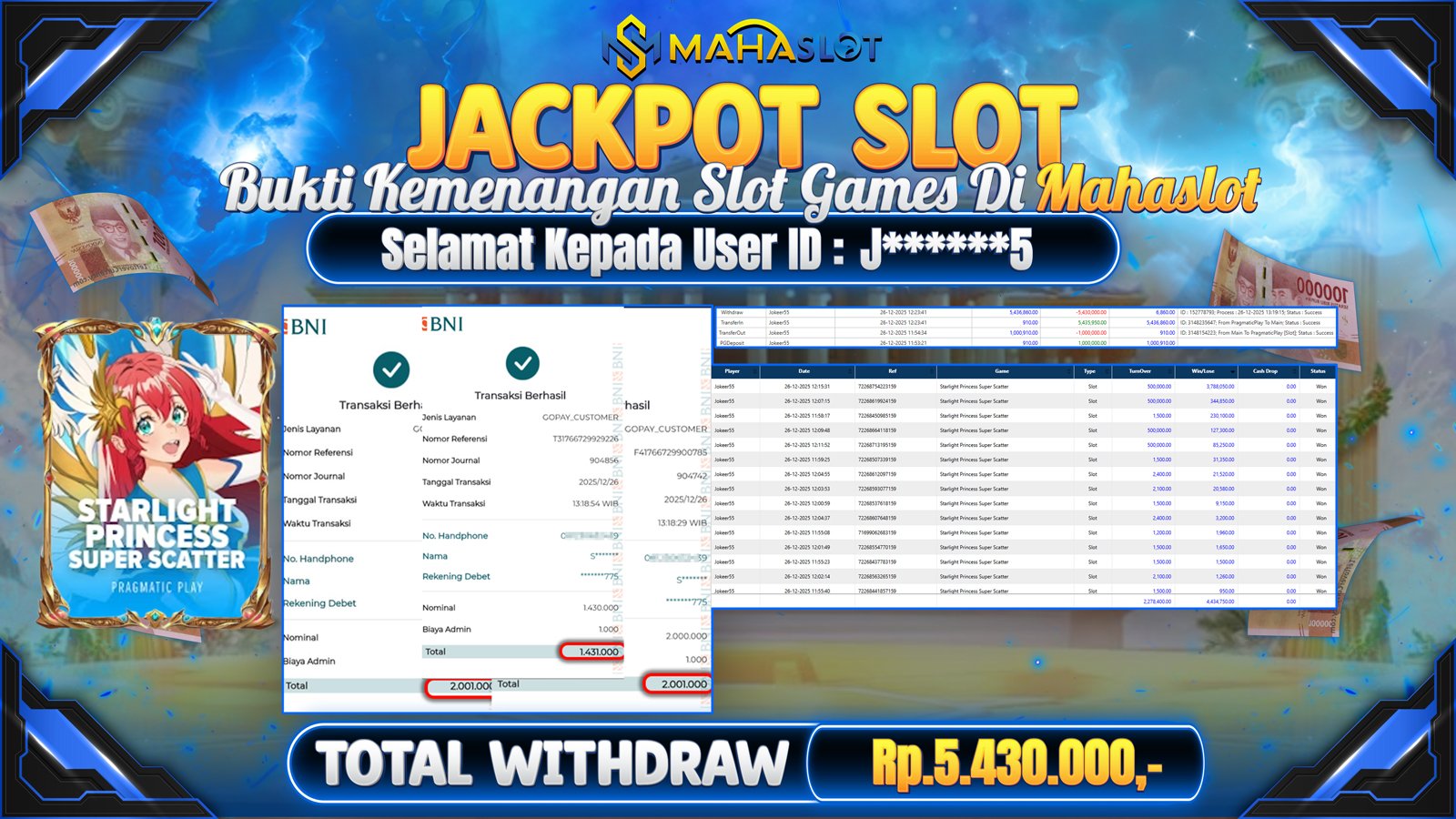 MAHASLOT JACKPOT SLOT GAME STARLIGHT PRINCESS SUPER SCATTER Rp. 5.430.000,- LUNAS