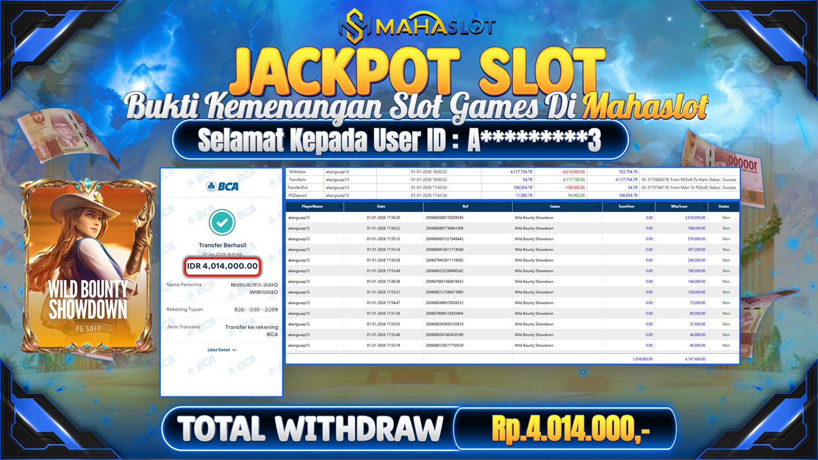 MAHASLOT JACKPOT SLOT GAME WILD BOUNTY SHOWDOWN Rp. 4.014.000,- LUNAS