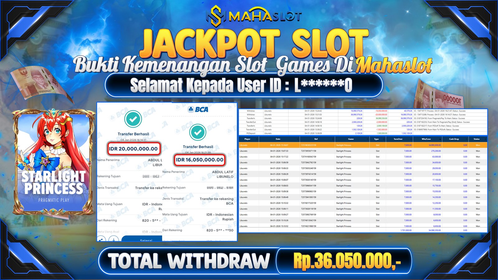 MAHASLOT JACKPOT SLOT GAME STARLIGHT PRINCESS Rp. 36.050.000,- LUNAS