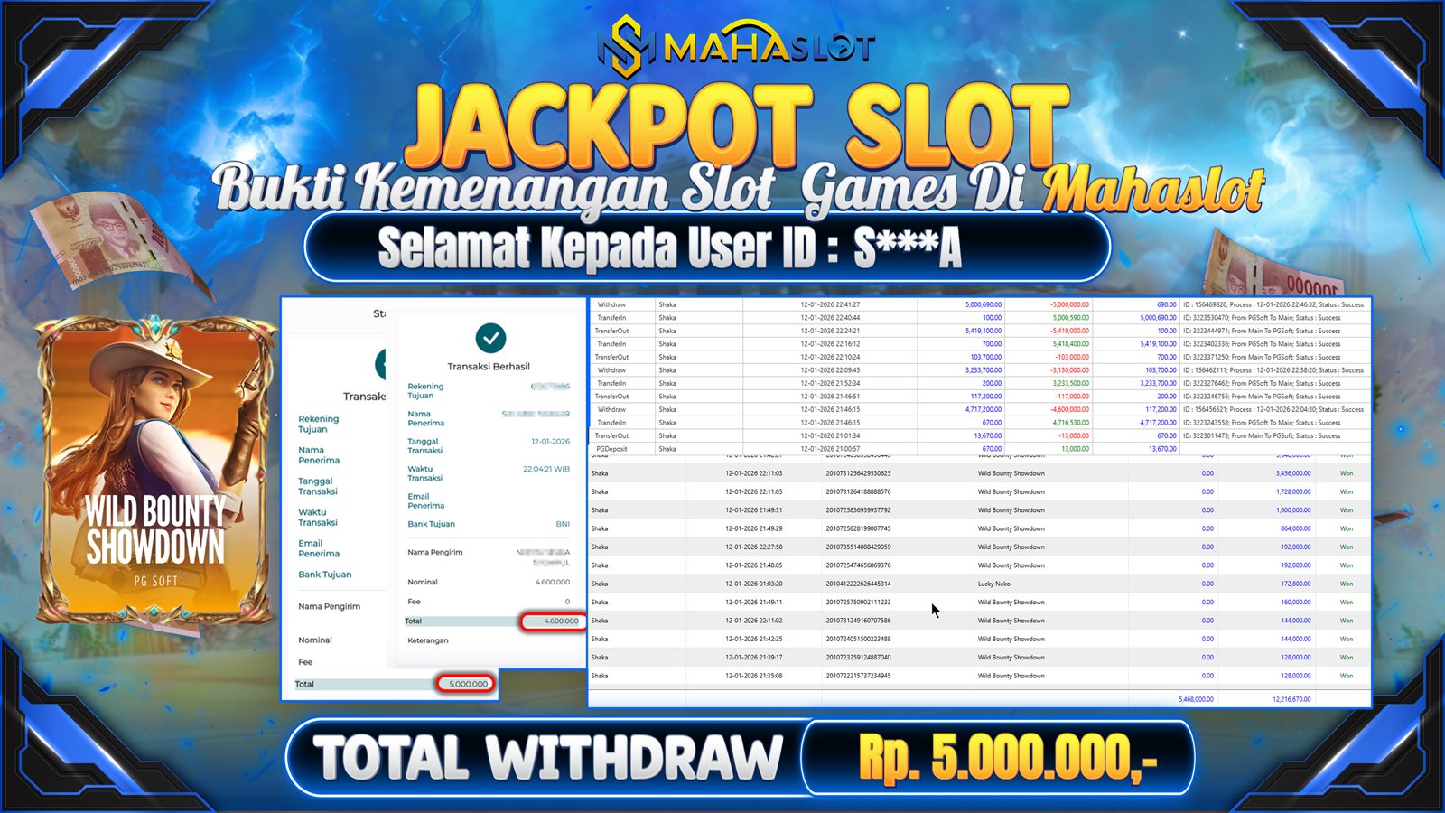 MAHASLOT JACKPOT SLOT WILD BOUNTY SHOWDOWN Rp. 5.000.000,- LUNAS