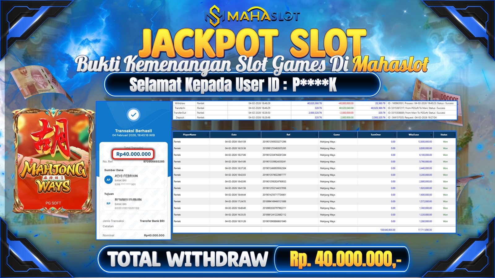 MAHASLOT JACKPOT SLOT GAME MAHJONG WAYS Rp. 40.000.000,- LUNAS
