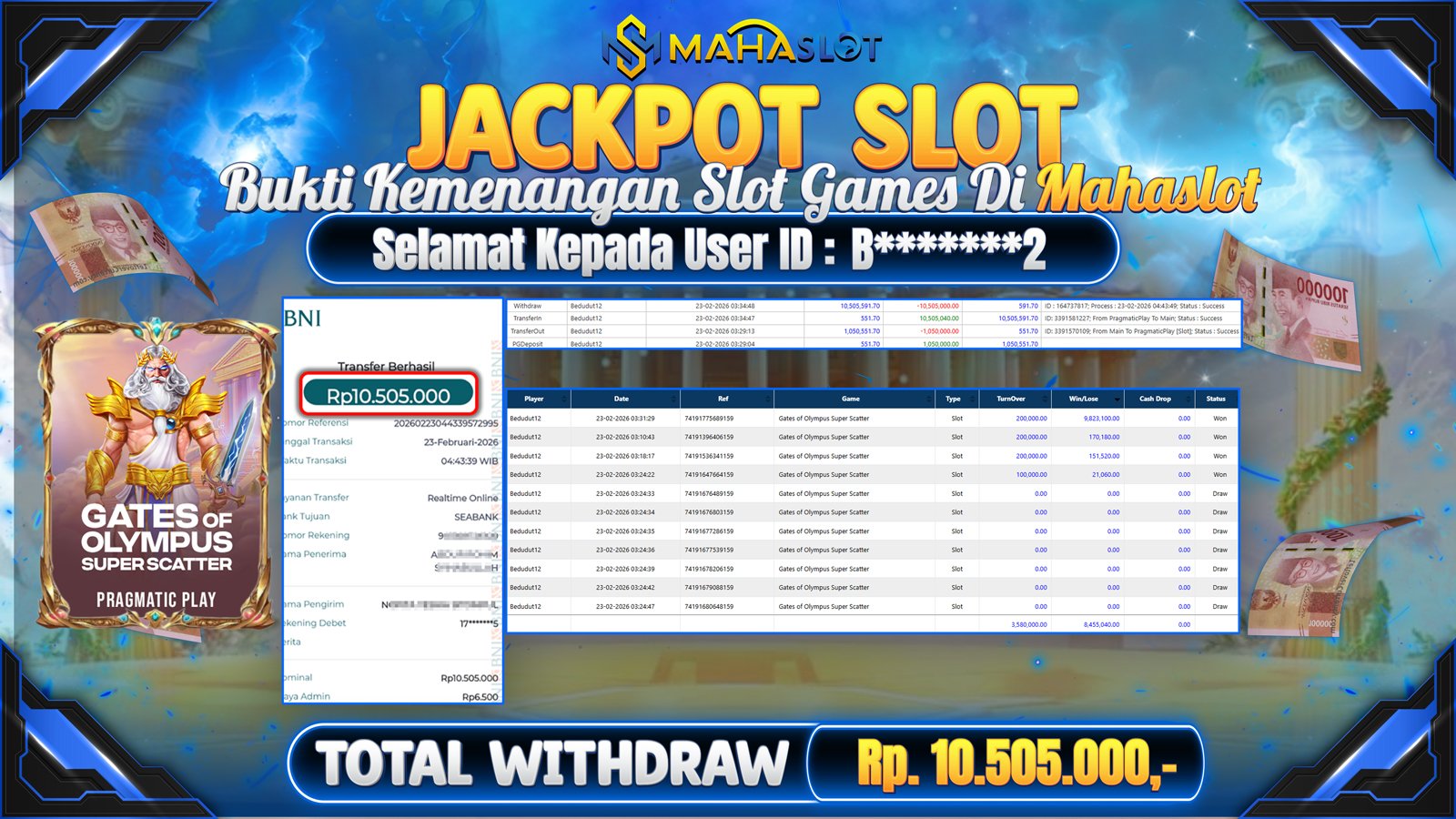 MAHASLOT JACKPOT SLOT GAME GATES OF OLYMPUS SUPERSCATTER Rp. 10.505.000,- LUNAS