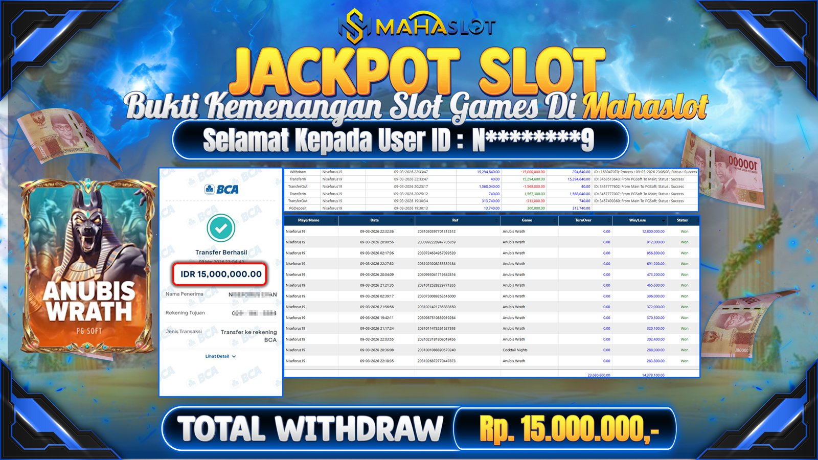 MAHASLOT JACKPOT SLOT GAME ANUBIS WRATH Rp. Rp.15.000.000,- LUNAS