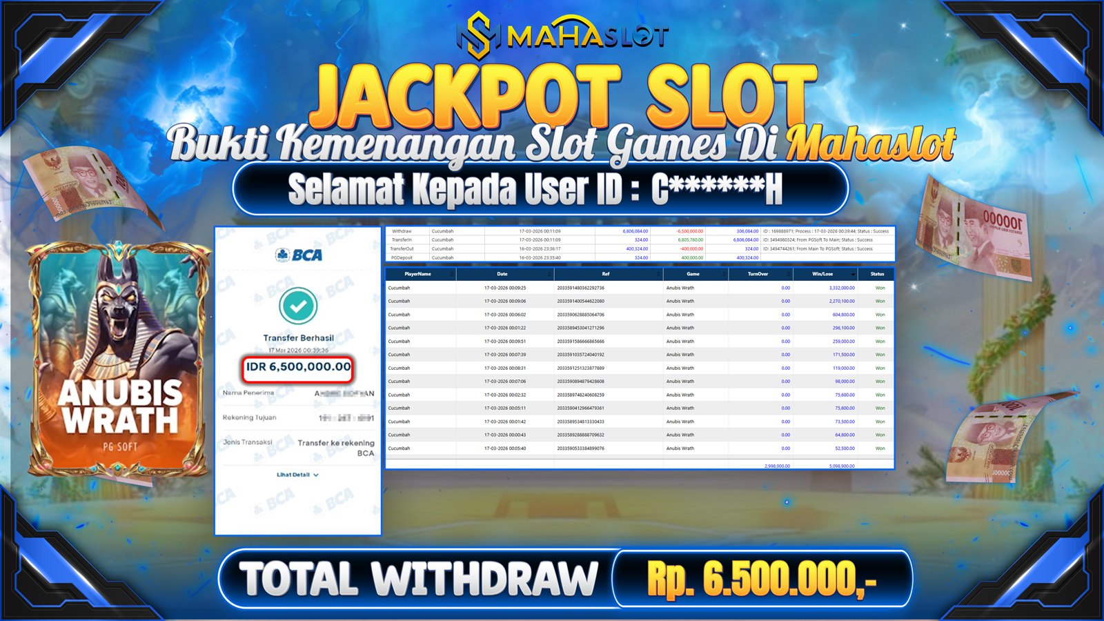 MAHASLOT JACKPOT SLOT GAME GANUBIS WRATH Rp. Rp.6.500.000,- LUNAS