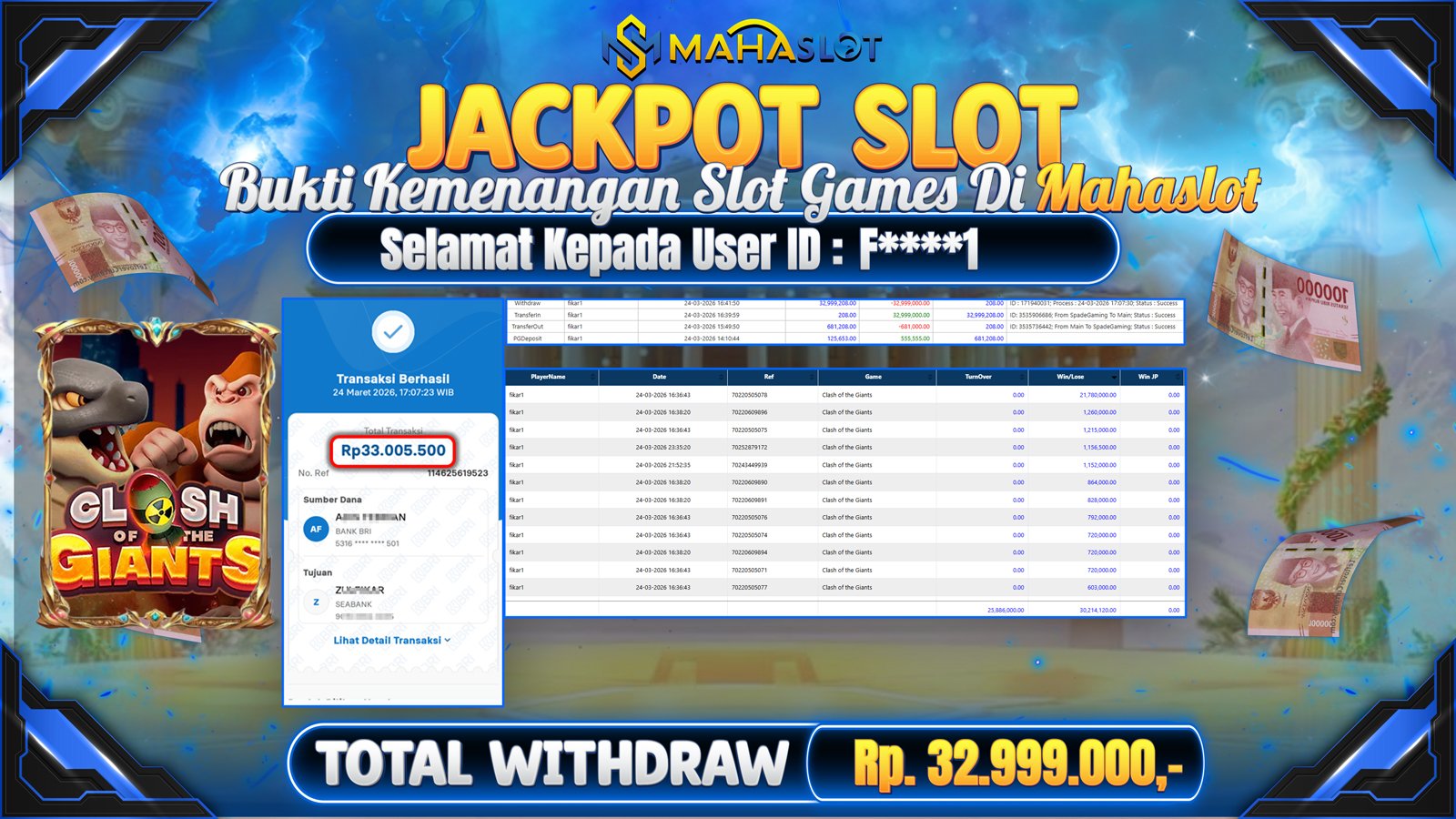 MAHASLOT JACKPOT SLOT GAME CLASH OF THE GIANTS Rp. Rp.32.999.000,- LUNAS