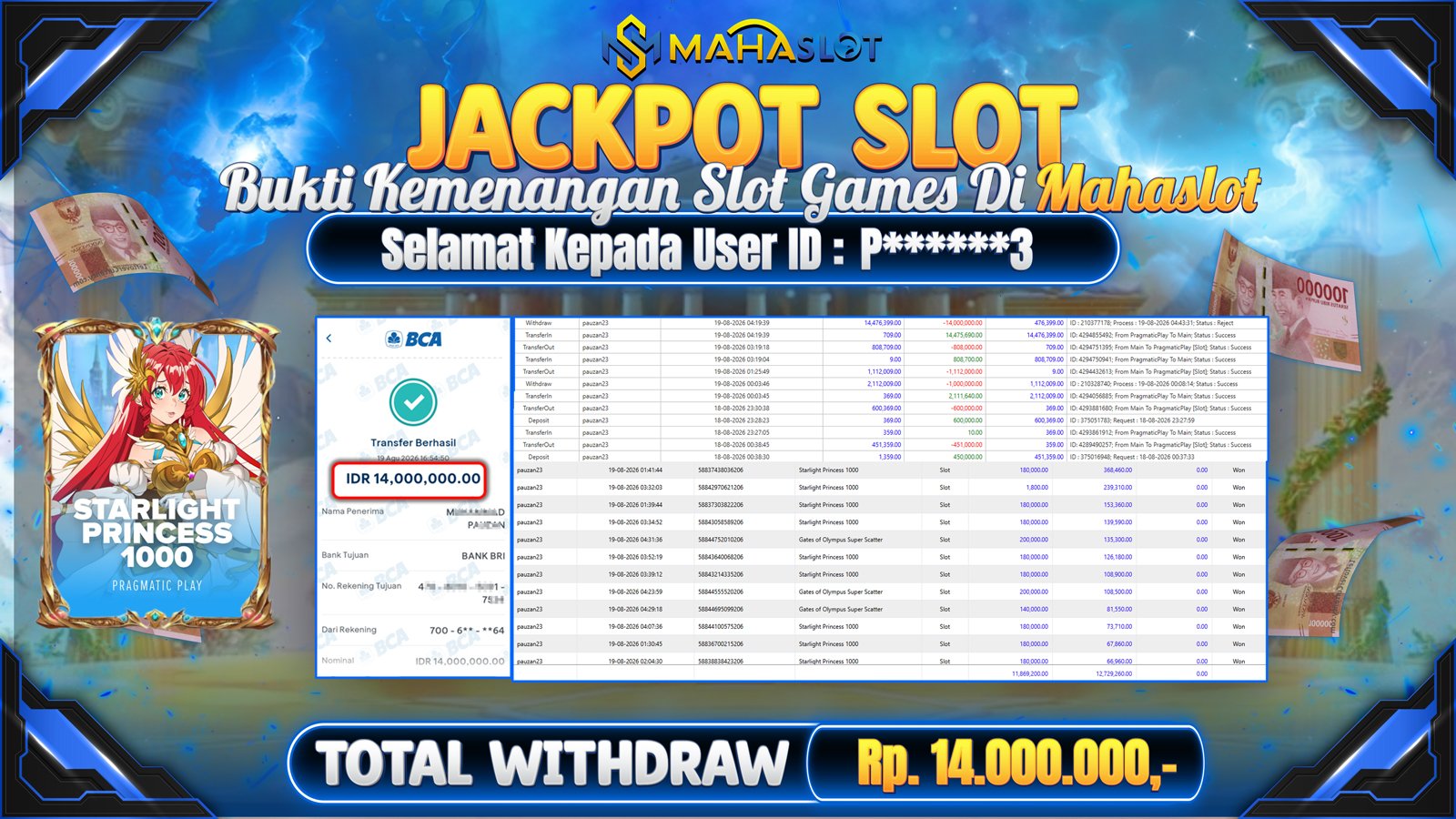 MAHASLOT JACKPOT SLOT GAME STARLIGHT PRINCESS 1000 Rp.14.000.000,- LUNAS