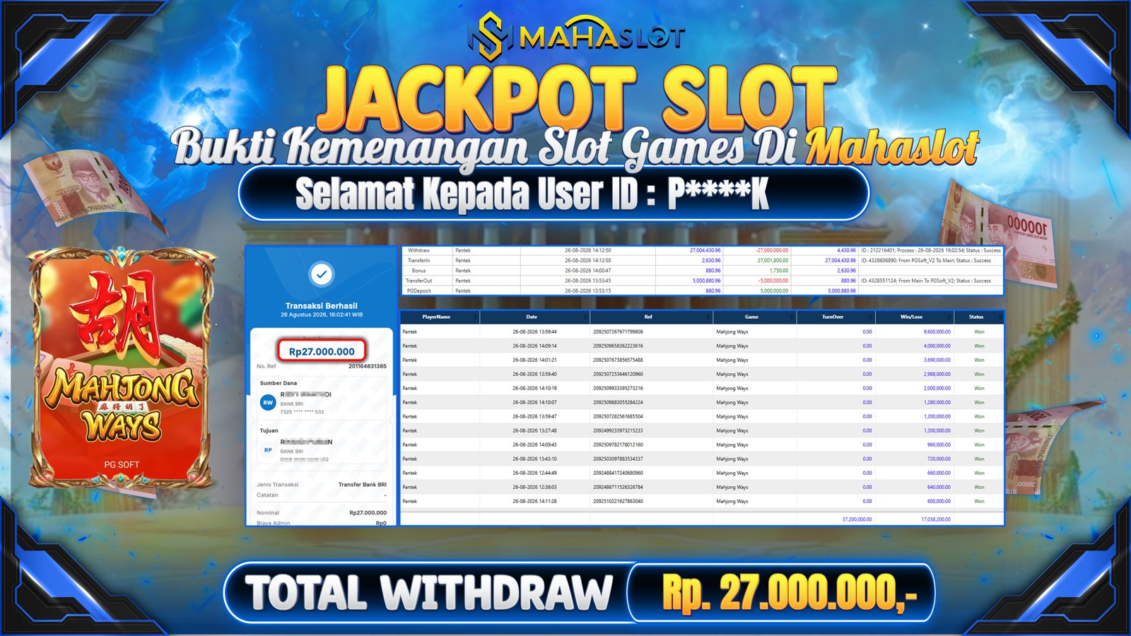 MAHASLOT JACKPOT SLOT GAME MAHJONG WAYS Rp.27.000.000,- LUNAS